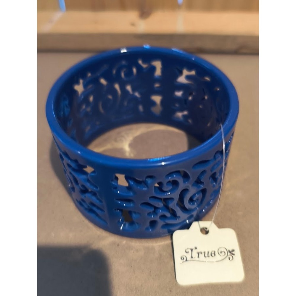 True Blue Filigree Wide Cuff Bangle Bracelet Openwork Scroll Design Navy‎